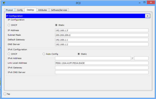 PC0 static IP configuration